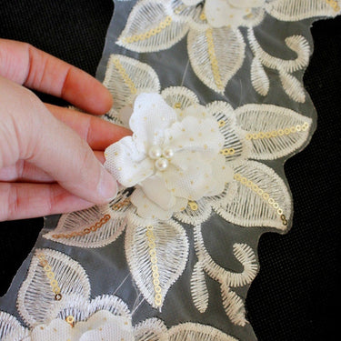 White Embroidered Flower Lace Trim With Sequins And Pearls, White And Gold Floral Trim Lace, Approx. 13.5cm Wide